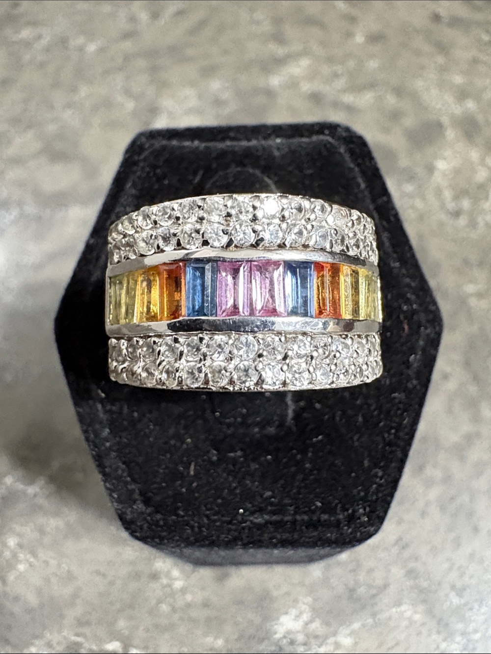925 Sterling Silver Rainbow Baguette Wide Statement Ring Size 6